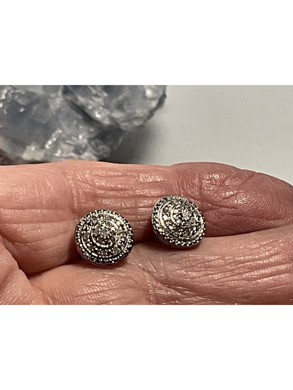 Sterling Silver Diamond Chip Stud Earrings 925 Round Concentric Circles 1.6g